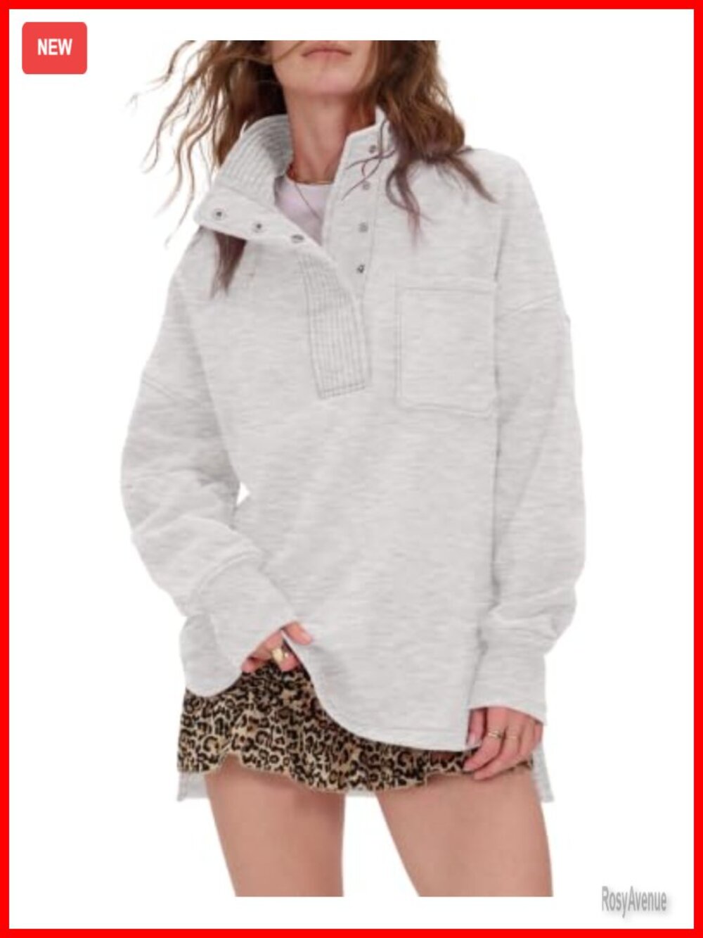 Oversized Snap Button Henley Sweatshirt Drop Shoulder Pullover
